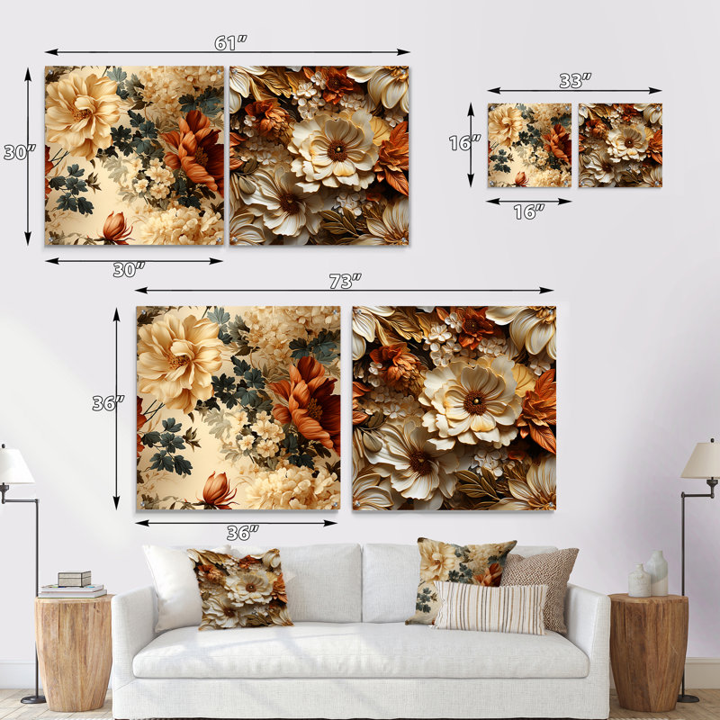 Rustic Brocade Elegance Victorian Motif II - ensemble d'art mural en acrylique sur verre floral, H 36 po x l 73 po