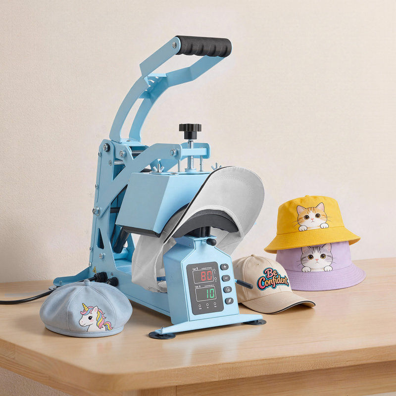 Machine à presser la chaleur Hat, avec 4 plateaux interchangeables et une traverse intermédiaire, contrôle précis de la température et du temps, presse à chaud pour les chapeaux et les capuchons, pour les projets de repassage et de sublimation HTV, bleu clair