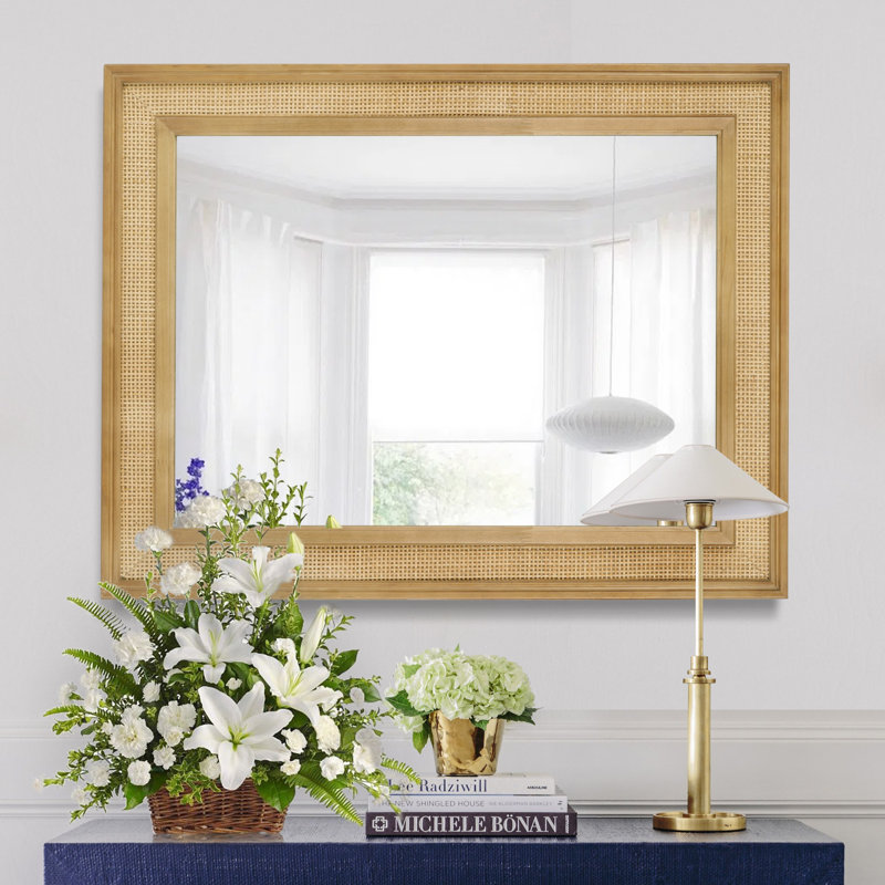 Rexford  Natural Wood Rattan Mirror Farmhouse Wall Decoration, 34" x 27"