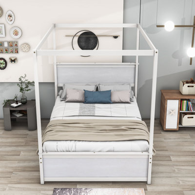 Heneretta Full Size Wood Canopy Bed with Drawers and Twin Size Trundle by Harriet Bee