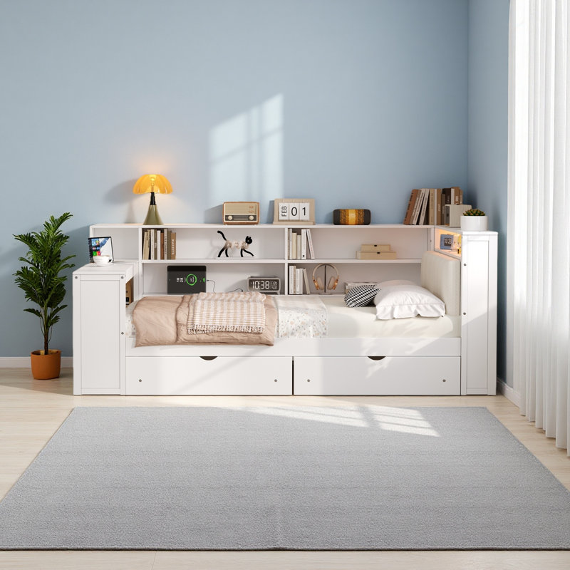 Wood Platform Bed With Storage Shelves, Drawers, Charging Station, LED, Desk And Upholstered Headboard, Full/Double, White