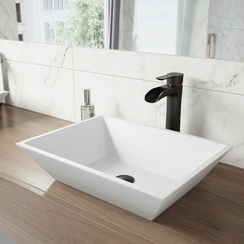 Vinca 18" L x 14" W x 5" H Rectangular White Matte Stone Vessel Bathroom Sink with 11" H Faucet