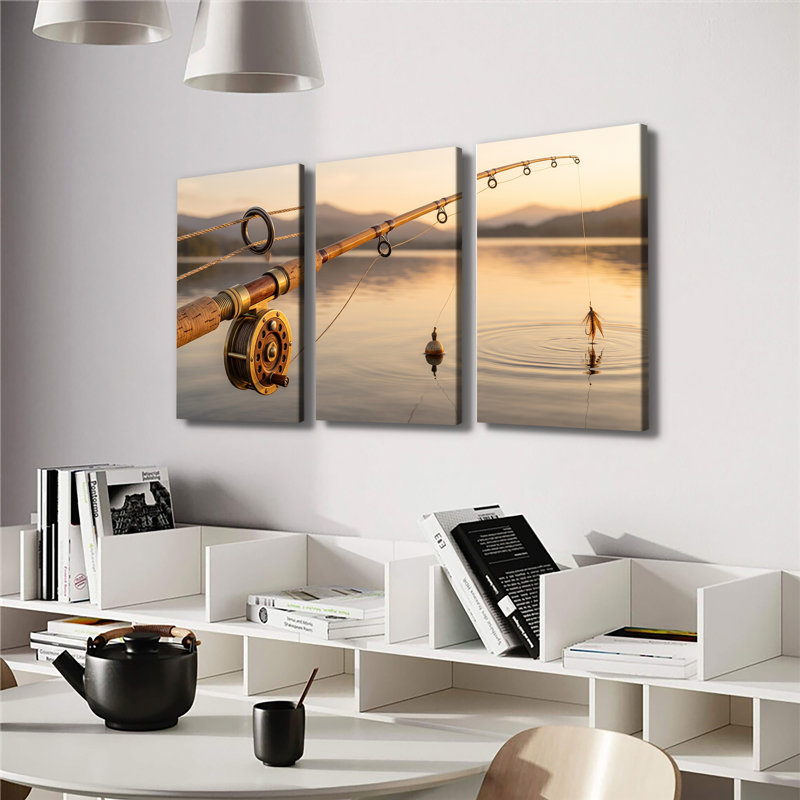 Canne à pêche à la mouche rétro, coucher de soleil, ensemble de 3 impressions sur toile, 20 * 30 pouces * 3