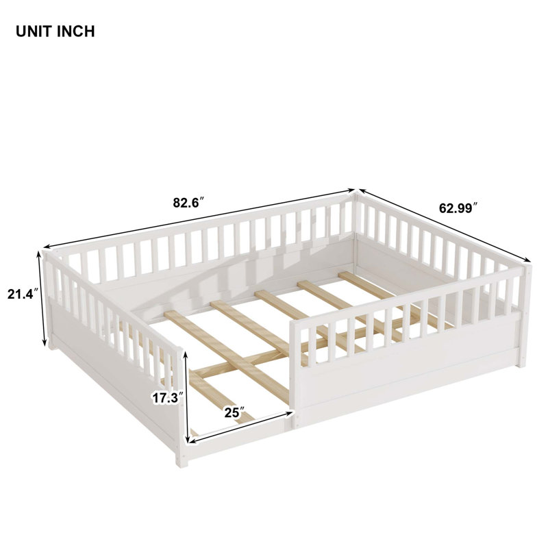Lit sur pied à profil bas Montessori avec garde-corps intégrés, White