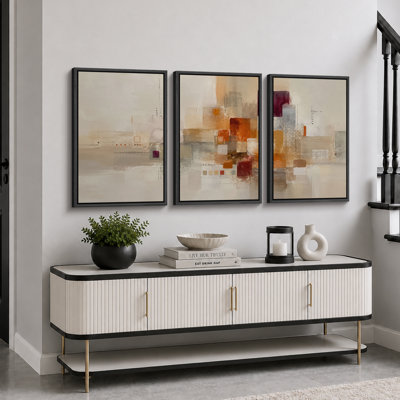 Tableau abstrait géométrique beige, rouille, orange, bourgogne et gris, impression giclée sur toile encadrée, ensemble de 3 pièces pour le salon.