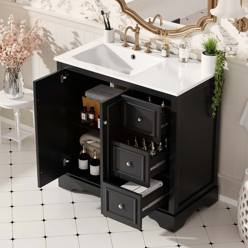 Classic Bathroom Vanity with Ceramic Sink,and Ample Storage, Black
