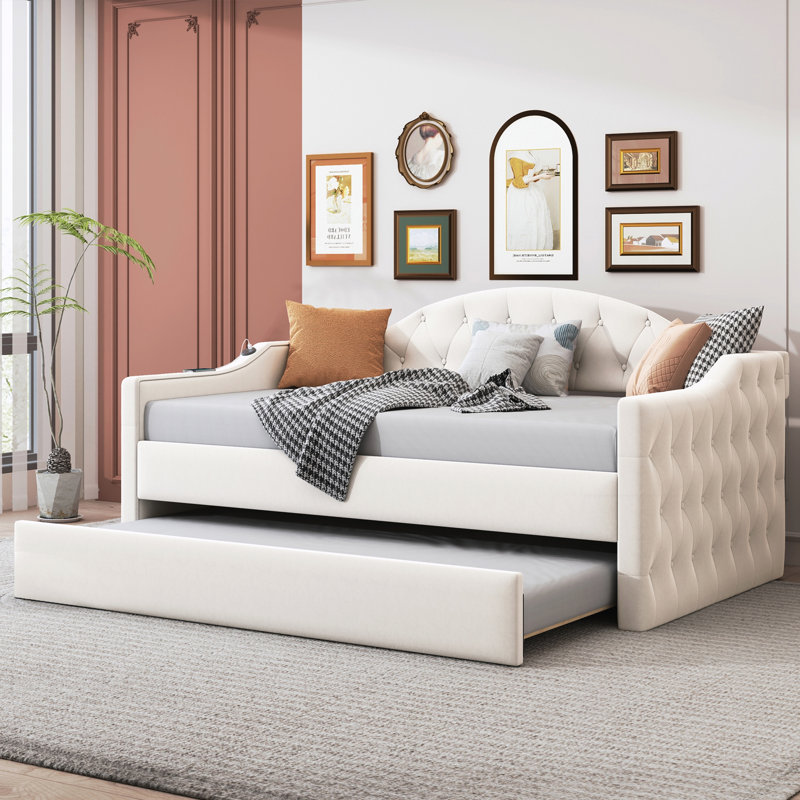 Twin Size Tufted Upholstered Daybed with Trundle, Beige