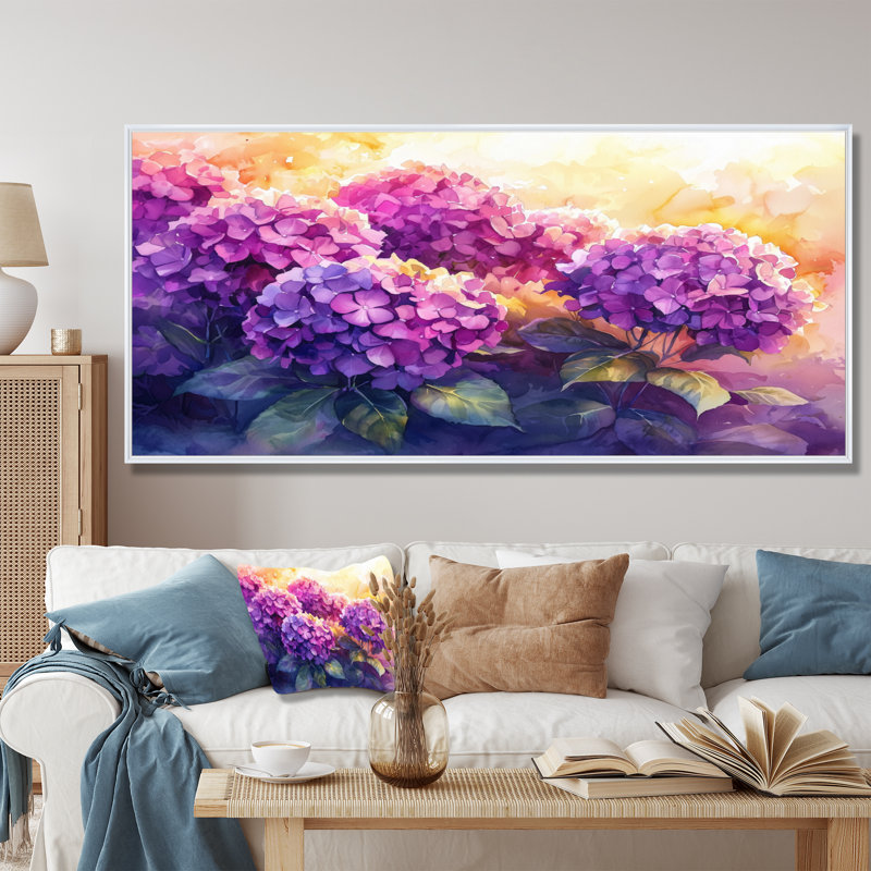 Hortensias au coucher du soleil, lueur V - hydrangées, art mural, 30" H x 40" W, Impression sur cadre flottant, Blanc
