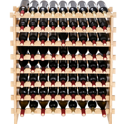 Casier à vin modulaire empilable à 8 niveaux, en bois, pouvant contenir jusqu'à 72 bouteilles. Structure en bois naturel.