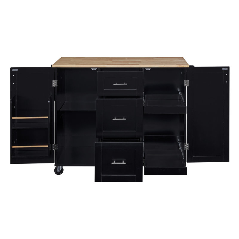 Chariot de cuisine avec étagère de rangement en bois d'hévéa, Black