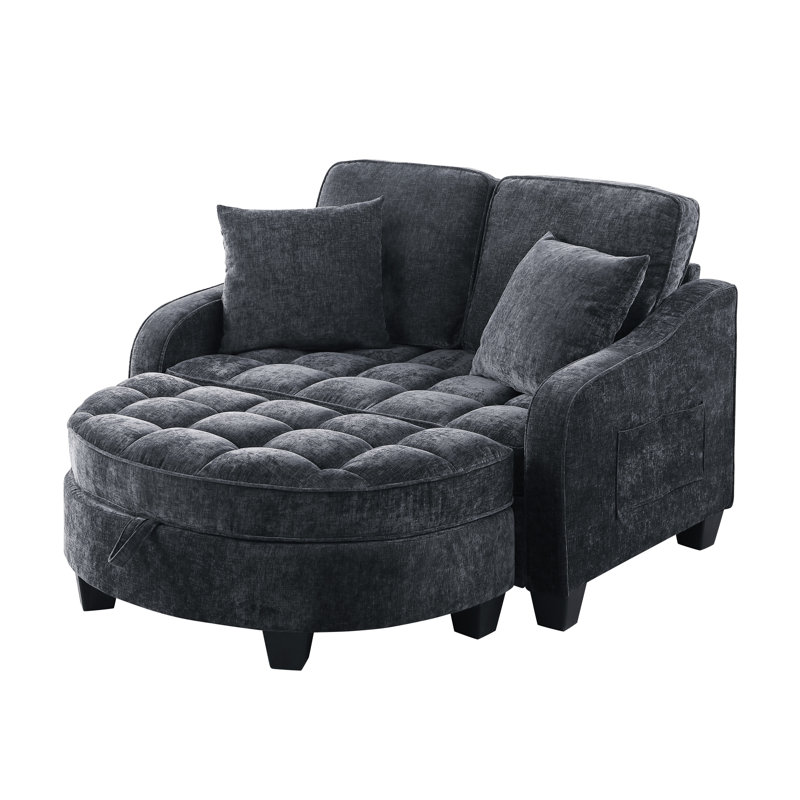 Accent Chair With Storage Semicircular Ottoman, Black