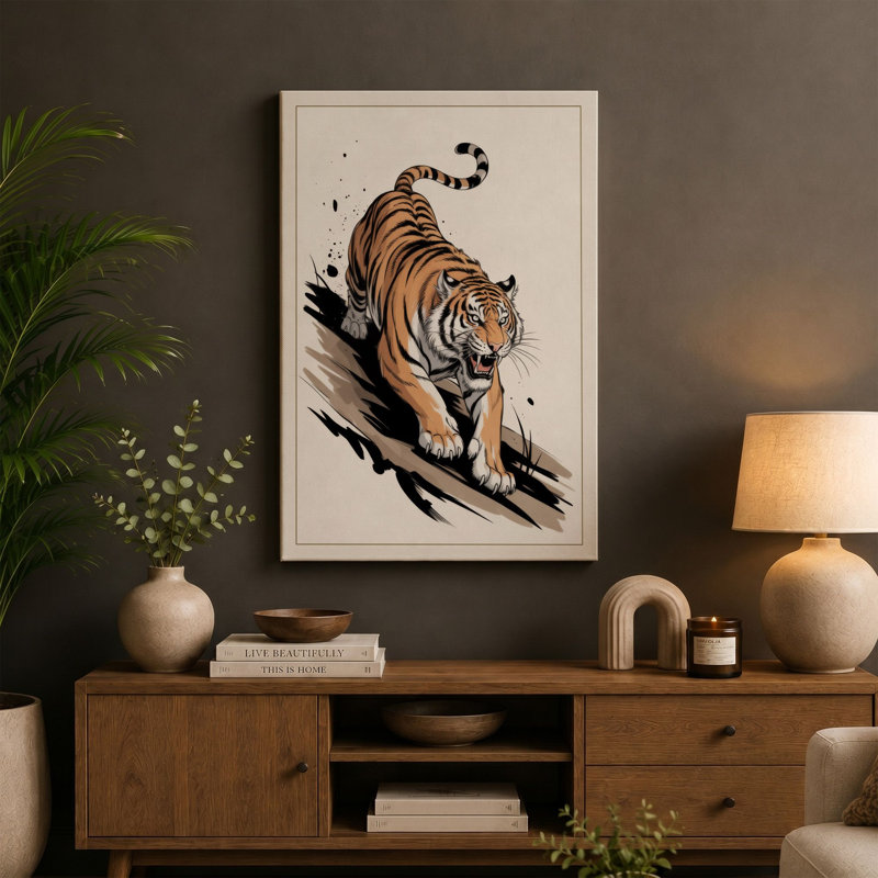 Stalking Tiger Japandi - Wrapped Canvas, 36x24 - 91.4 x 61.0 cm, Cream Border