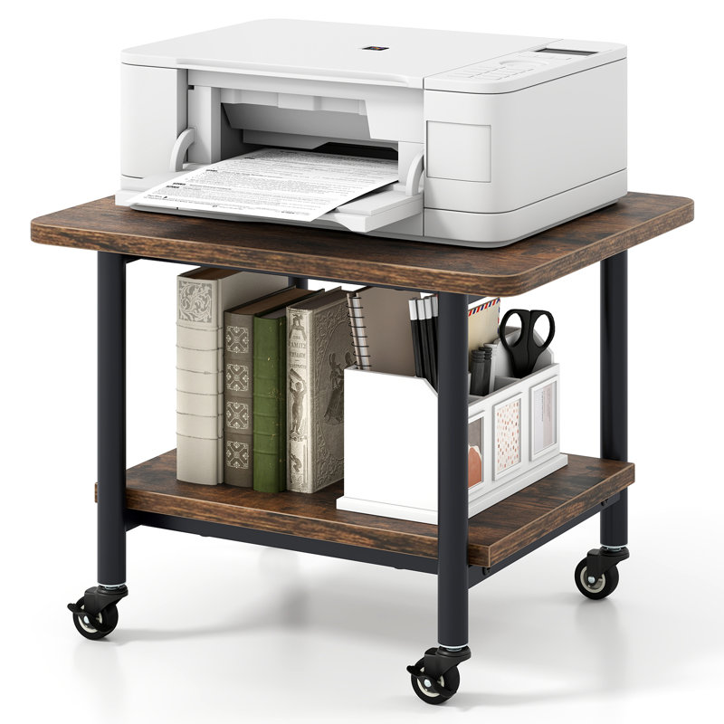 Brown 2-Tier Rolling Under Desk Printer Stand with Storage Shelves