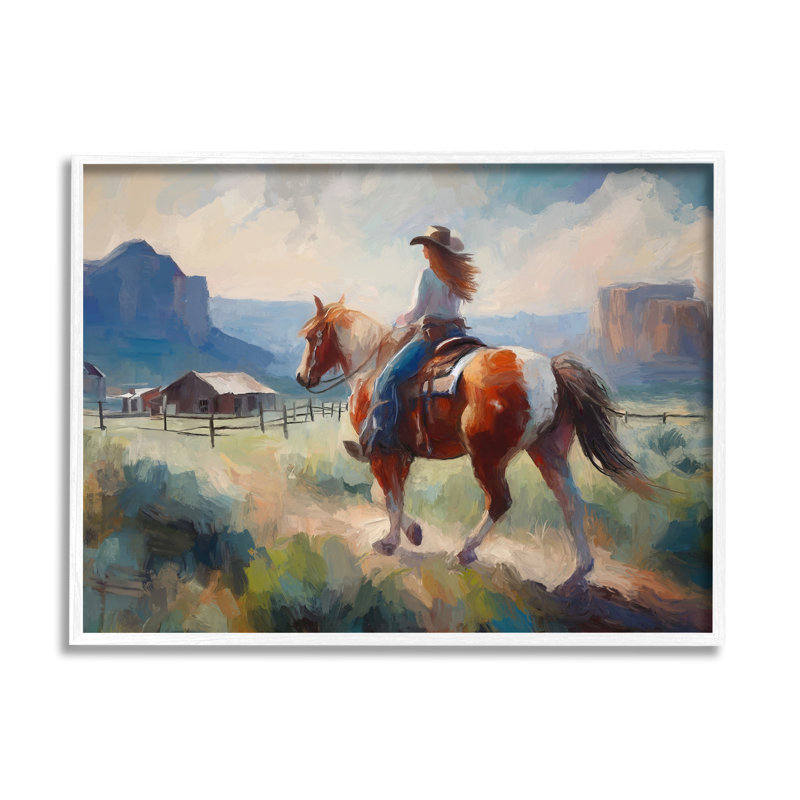 «Southwestern Cowgirl Landscape» par Ramona Murdock, reproduction sur toile encadrée, Cadre flottant gris lustré