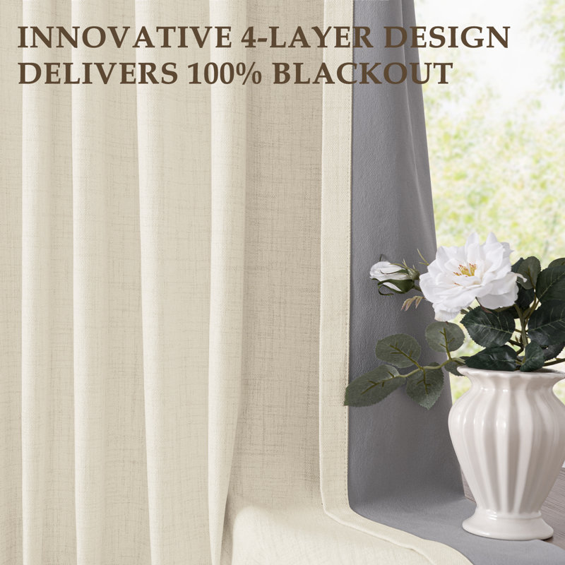 Birglinde Faux Linen Thermal 100% Blackout Curtains Rod Pocket/Ring Clips, 50" W x 96" L, Cream