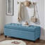 Banc de rangement rembourré capitonné à boutons, banc d'entrée en tissu de lin avec pieds en bois fuselés, banc de lit - bleu clair-1074381593-1074381592