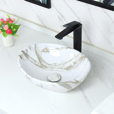 Davivy 16.3"x13.4" White Marbling Bathroom Vessel Sink With Pop Up Drain Oval Vessel Sinks Above Counter