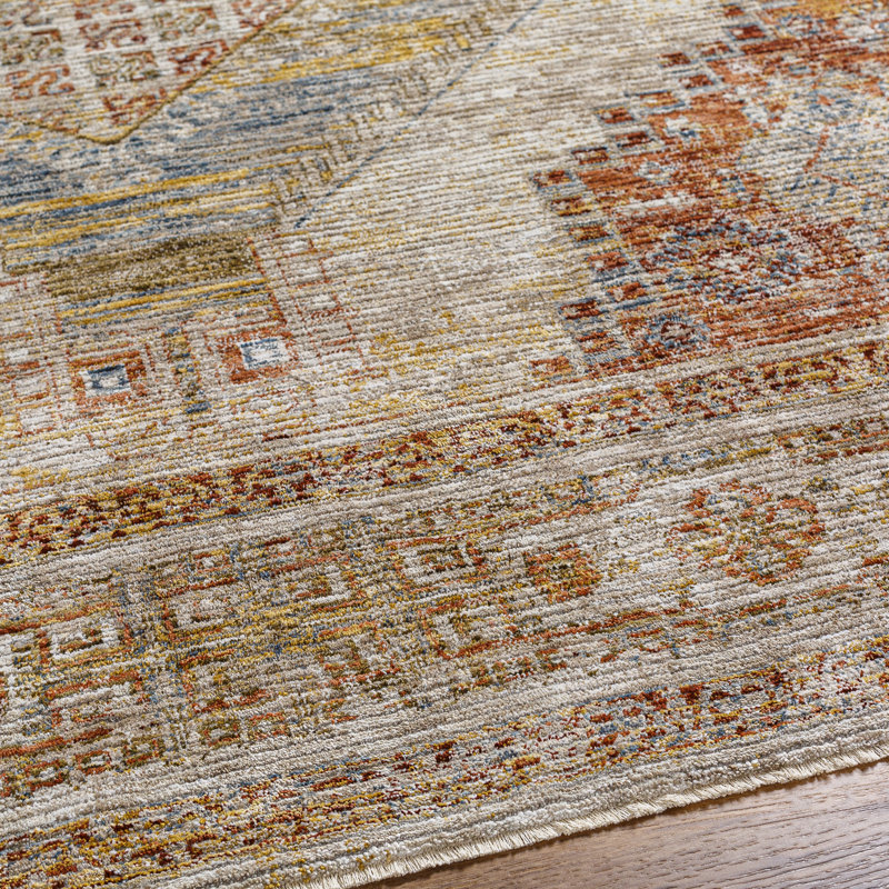 Tapis oriental en polyester tissé à la machine en rouille / beige, Rond 6 pi 7 po