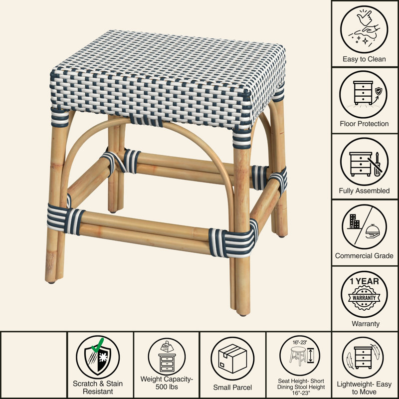 Robias Rattan 18" Dining Stool, White/Navy Dot/ Natural Rattan Frame