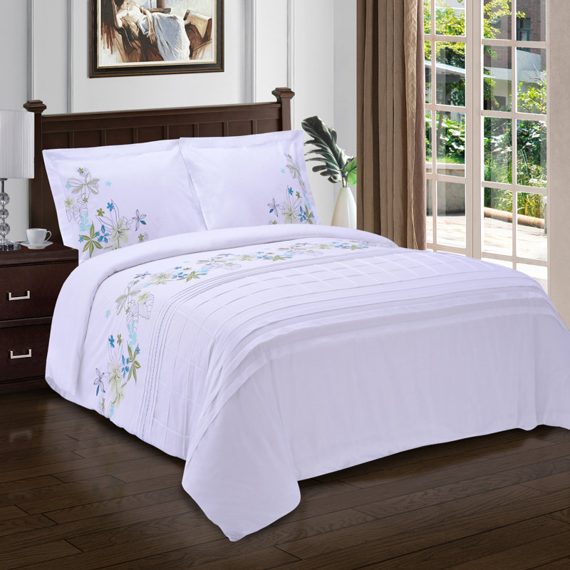 White Cotton Pintuck Floral King/California King Duvet Cover Set