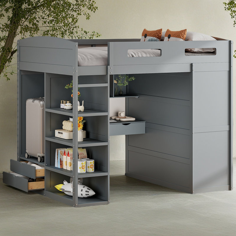 Lit mezzanine avec bureau et garde-robes, Gris