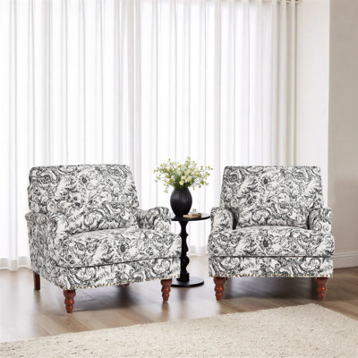Upholstered Rococo Black Nailhead Trim Accent Chair with Throw Pillow and Solid Wood Legs (Set of 2)