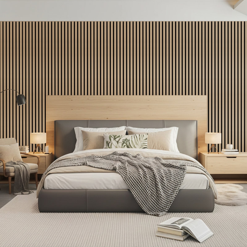4 panneaux muraux insonorisants en bois de 93,5 po x 7,9 po pour décoration murale, Naturel