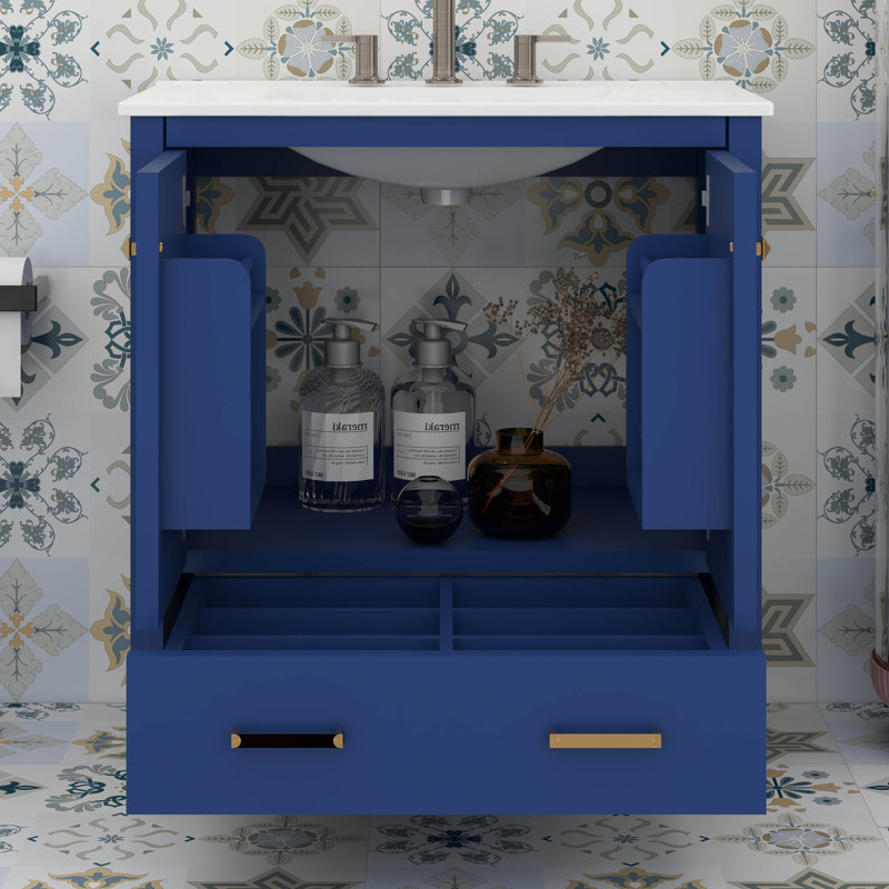 30" Bathroom Vanity With Sink Top, Combo Set, Small Bathroom Vanity Cabinet With 2 Soft Closing Doors And Drawer, Blue