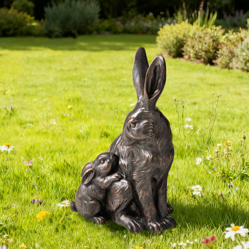 Statue de maman et bébé lapin en bronze 21,25 po H MGO