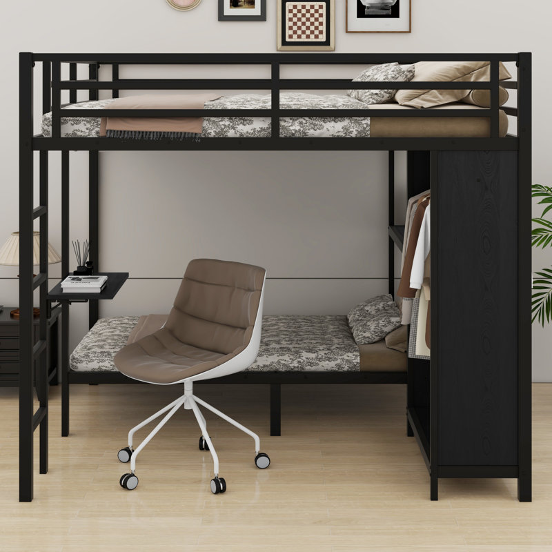 Lit superposé en métal avec garde-robe et bureau pliable