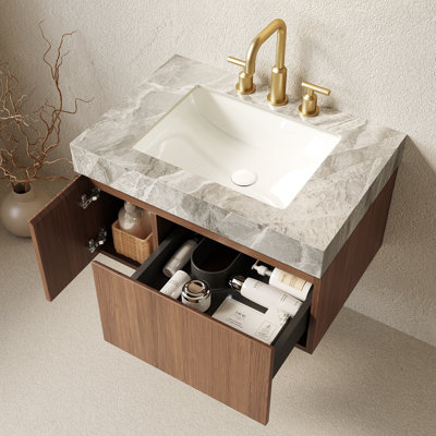 Meuble-lavabo 30 po, meuble de rangement flottant en contreplaqué avec tiroir et porte, comptoir en pierre frittée gris clair et lavabo en céramique avec 3 trous de robinet pré-percés