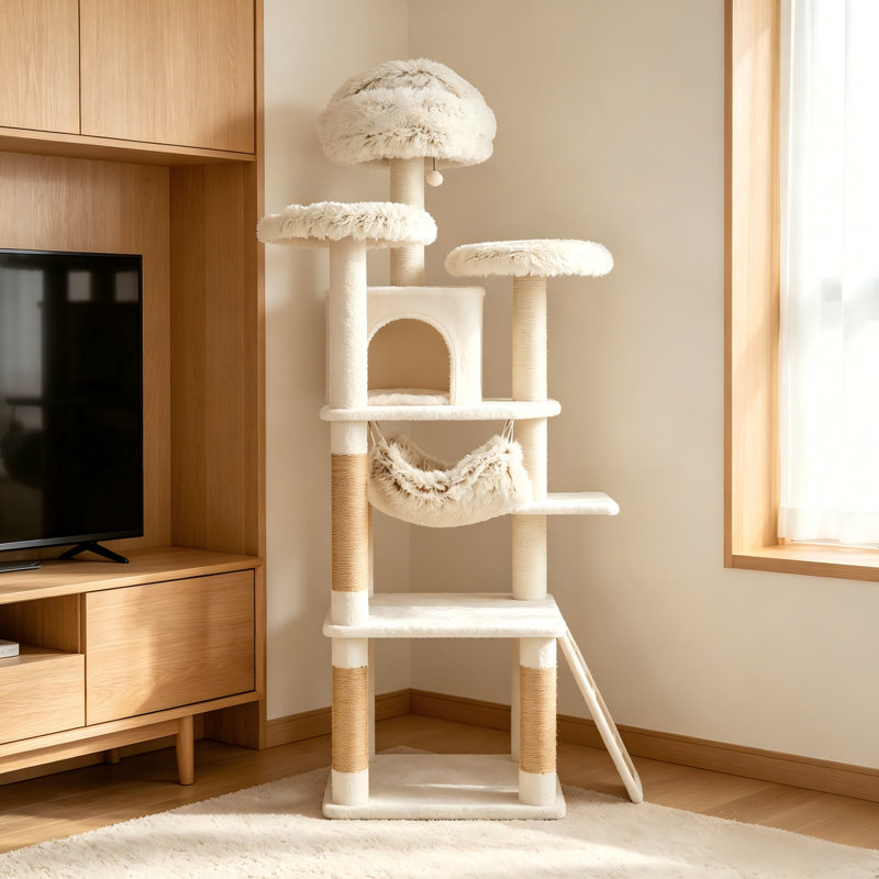 Grand arbre à chat multifonctionnel beige de 73 pouces, comprenant un appartement pour chat, un hamac et des poteaux à griffer durables.