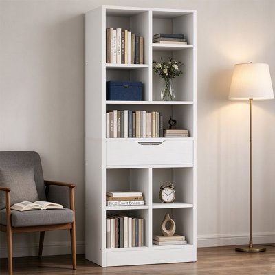 Tall Narrow Bookshelf with Drawer, 5-Tier Wooden Freestanding Display Shelf with Anti-Tip Kit, Easy Assembly for Tight Corners, Home & Office Decor