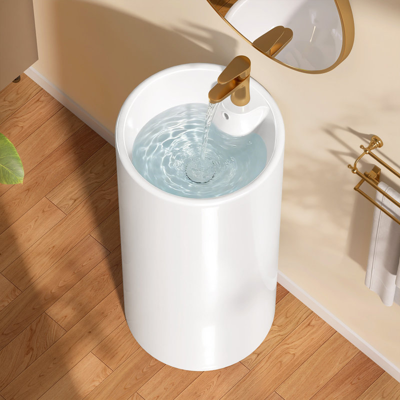 Lavabo de salle de bain autoportant circulaire sur pied 16 po x 16 po, lavabo de salle de bain piédestal en céramique blanche avec trop-plein et lavabos piédestal en céramique moderne pré-percés