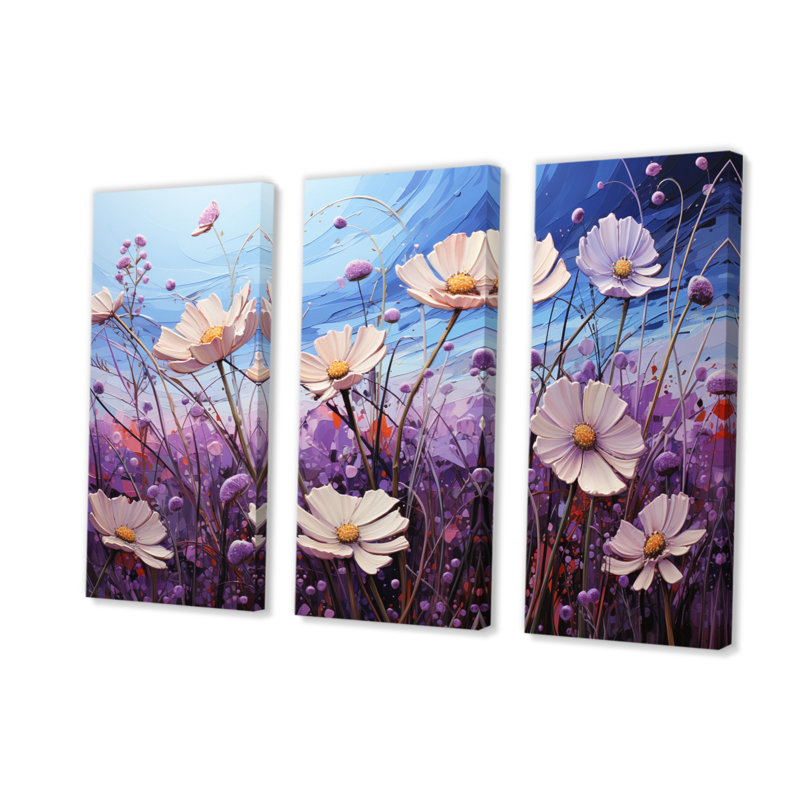 Zinnias Violet Serenade I sur toile, reproduction de 3 pièces, H 28 po x l 36 po x P 1 po