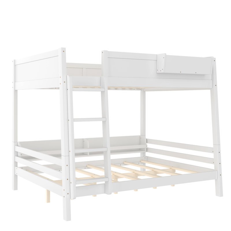 Queen Wood Bunk Bed with Storage Shelf and Bookshelf, Detachable Bunk Bed Frame with Ladder and Guardrails, White, White