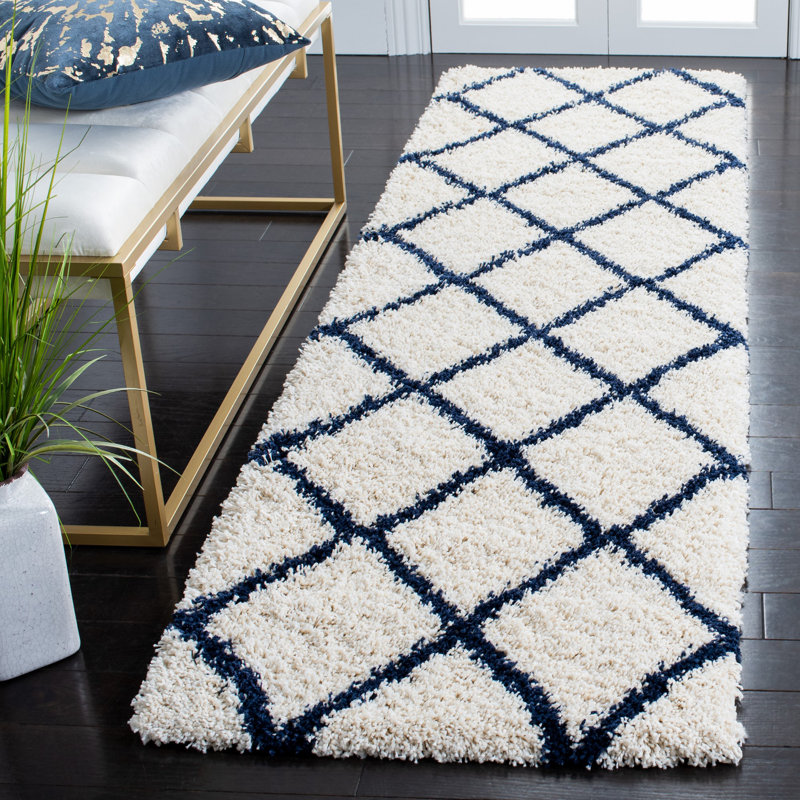Tapis ivoire / bleu marine à motif géométrique Stanislaw, Rond 7 pi