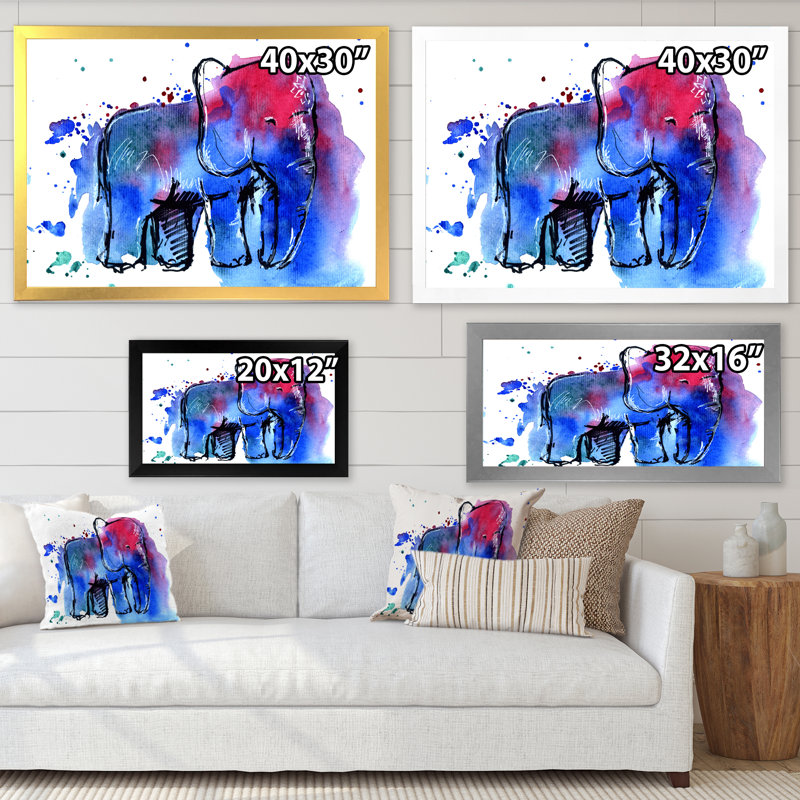 Impression d'éléphant bleu et rouge - Peinture sur toile, Cadre doré à coins fermés, H 34 po x l 44 po