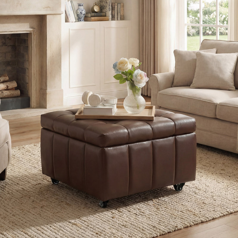 23.5" W Square Faux Leather Ottoman With Storage Puff with Casters, Deep Brown