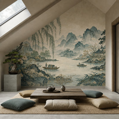 Papier peint paysage est asiatique, Misty Mountains River