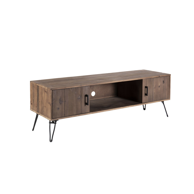 Meuble télé industriel en bois récupéré avec 2 espaces de rangement - Conception simple et généreuse, bois massif, naturel, meuble télé 60 po x 18 po, profondeur 60 po, largeur 18 po, hauteur