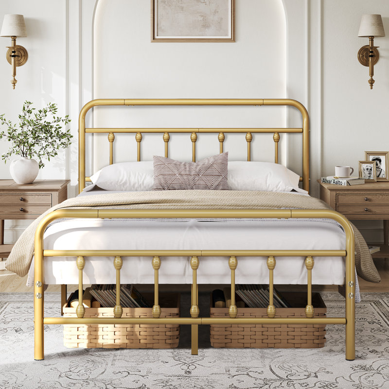 Metal Bed Frame with Vintage Headboard, Double (4'6), Antique Gold