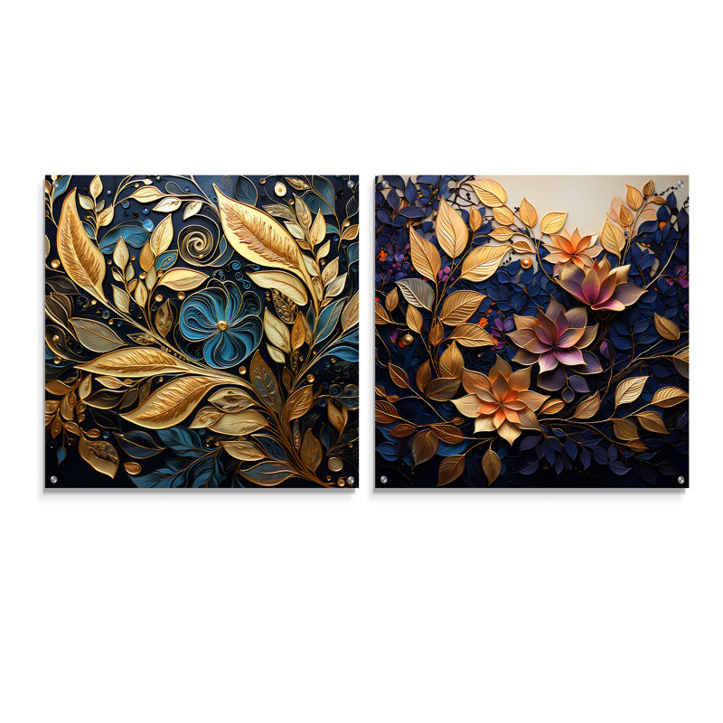 «Black and Gold Leaf Charm In Winter II», ensemble de 2 feuilles d'art mural en acrylique sur verre, H 36 po x l 73 po