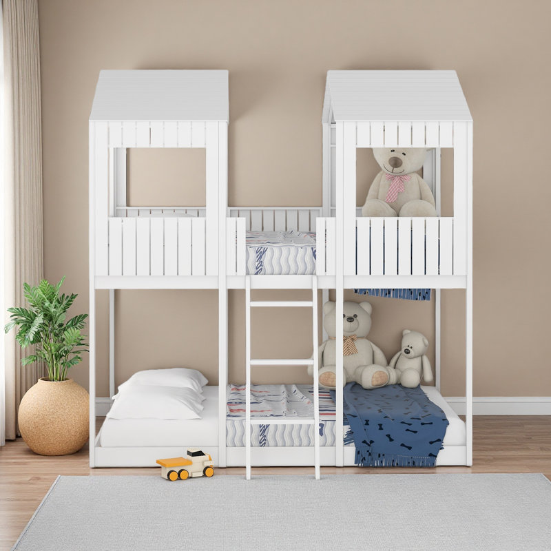 Full Over Full Woodbunk Bed With Roof, Window, Guardrail, Ladder, White