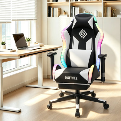 HOFFREE Fauteuil de jeu à DEL ergonomique en cuir et PVC avec repose-pieds et support lombaire