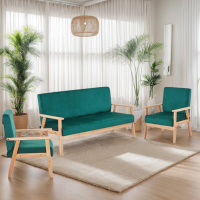 Canapé 60 po en velours et fauteuil d'appoint 2 pièces pour salon, ensemble de fauteuils relaxant de style Mid-Century avec structure en bois massif et coussin moelleux, fauteuil de lecture avec dossier