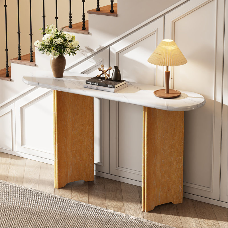Console étroite avec plateau ovale en marbre, pieds courbés et base triangulaire, Naturel