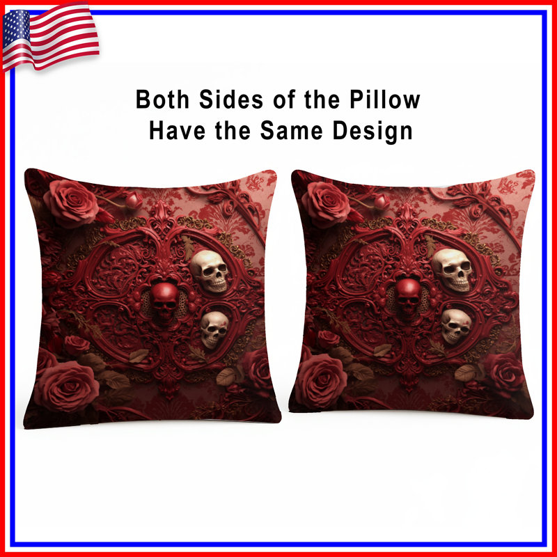 Red Skull Roses Double Sided Throw Pillows, 14 x 14 inches