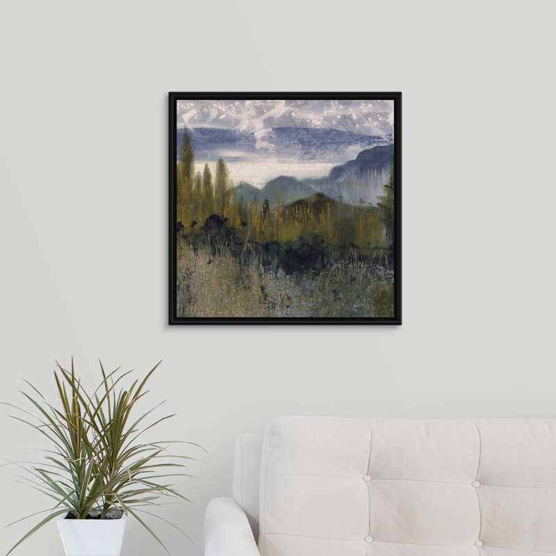 « distante peak », peinture sur toile, H 21,7 po x l 21,7 po x p 1,75 po, Cadre flottant noir