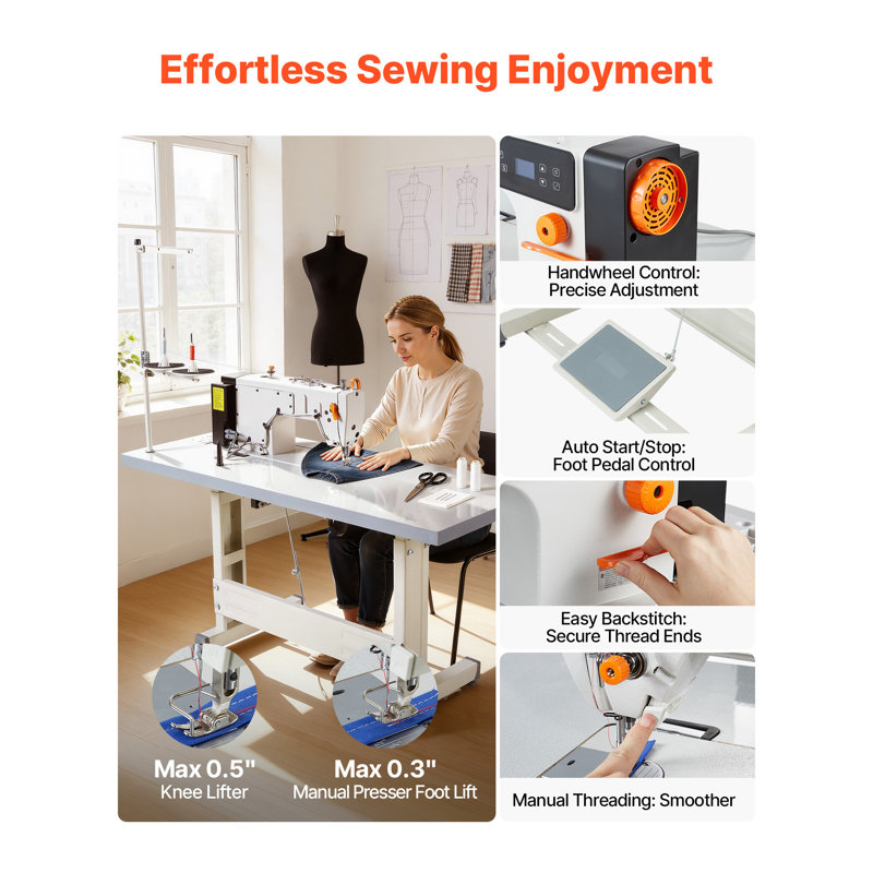 Industrial Sewing Machine, 550W Lockstitch Sewing Machine Set with Servo Motor and Table Stand, 5000 SPM High Speed, Metal Frame, LCD Panel, LED Light, Wool, Denim, Leather, Designed for Cotton